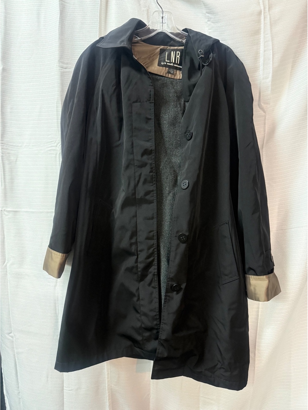 LNR Black Trench Coat with Removable Inner Wool Liner, Size Large